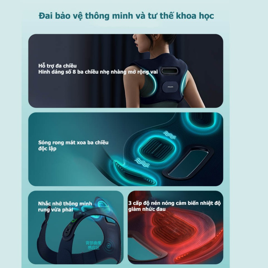 Đai chống gù lưng kết hợp massage Philips, Đai lưng điều chỉnh tư thế, Thiết bị chống gù thông minh thế hệ mới mát xoa