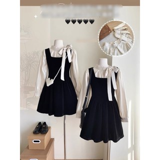 (ORDER) Váy yếm nhung đen xoè ngắn điệu đà + Áo sơ mi trắng cổ thắt nơ sang chảnh