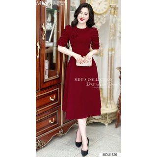 Váy Nhung Hàn K59-D2-1 MDU1526 Họa Tiết Đính Nơ Tinh Tế Cùng Gam Đỏ Vô Cùng Bắt Mắt Từ MDU