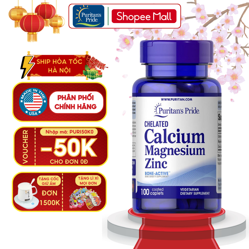 Viên uống canxi, magie, kẽm Puritan's Pride Chelated Calcium Magnesium Zinc 100 viên chắc khỏe xương tăng chiều cao