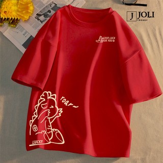 Áo Thun Nữ, Áo Phông Nam Nữ Unisex Tay Lỡ By JOLI Mã TN Rồng Lucky In Hình Chất Cotton Form Rộng Phong Cách Ulzzang