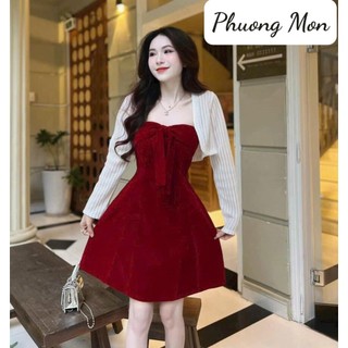 Set đầm 2s nơ xòe kèm áo lưới mỏng x Phuong Mon