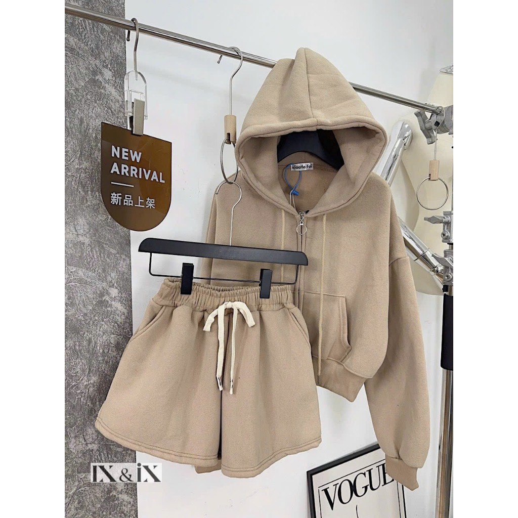 Set nỉ nón áo lở tay dài quần đùi trơn x Phuong Mon