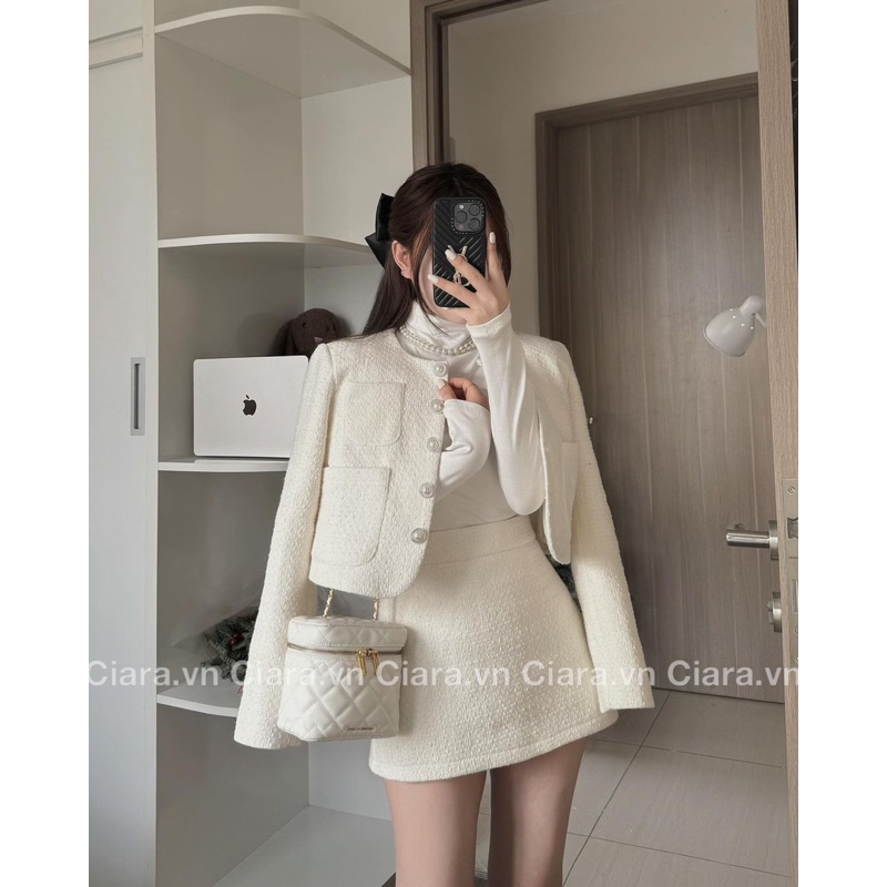 Set dạ basic cúc ngọc kèm chân váy form A (Đen/be)