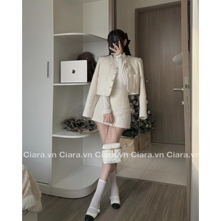 Set dạ basic cúc ngọc kèm chân váy form A (Đen/be)