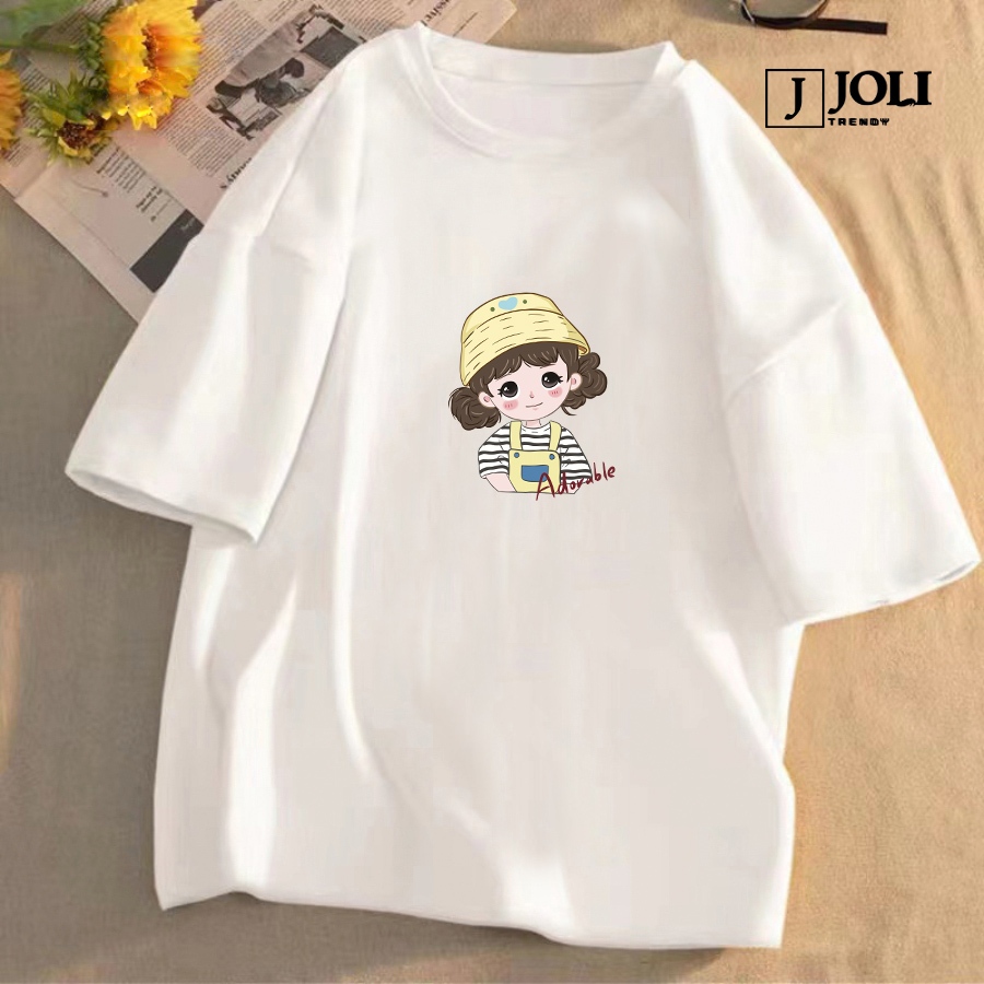 Áo Thun Nữ, Áo Phông Nam Nữ Unisex Tay Lỡ By JOLI Mã TN Cô Gái Adorable In Hình Chất Cotton Form Rộng Phong Cách Ulzzang