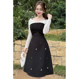Váy chất chéo xếp li ngực, đính đá thủ công cầu kì ạ TAHE V436
