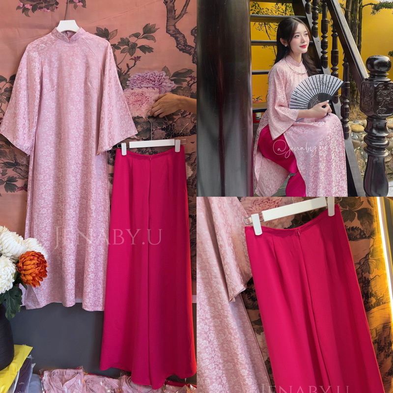 Set áo dài Nguyệt Chi lụa gấm hoa trà Dáng suông Tay loe (Chỉ bán loại có cổ)