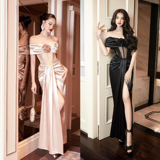 Size>65kg đầm trễ vai đính hoa phối lưới eo