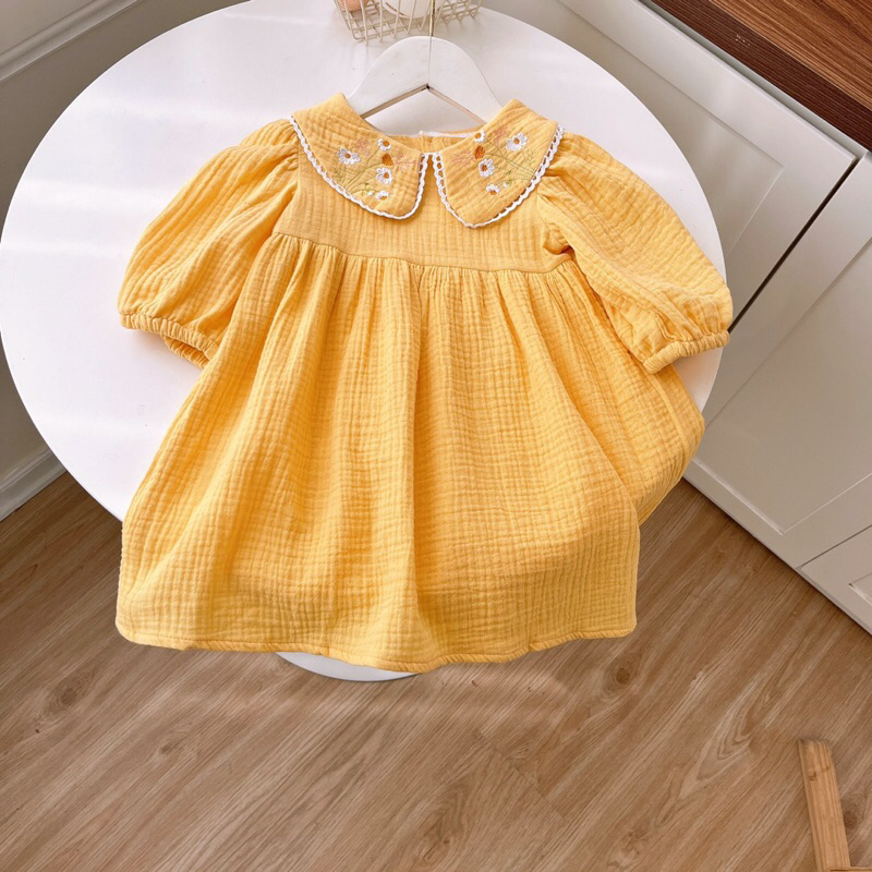 (9-33kg) Đầm Váy Thiết Kế Dài Tay Chất Xô Muslin Thêu Cổ Sen