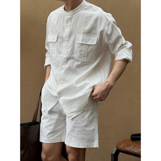 Áo đũi nam cổ trụ 2 túi cúc áo sơ mi cổ tàu phong cách hàn quốc