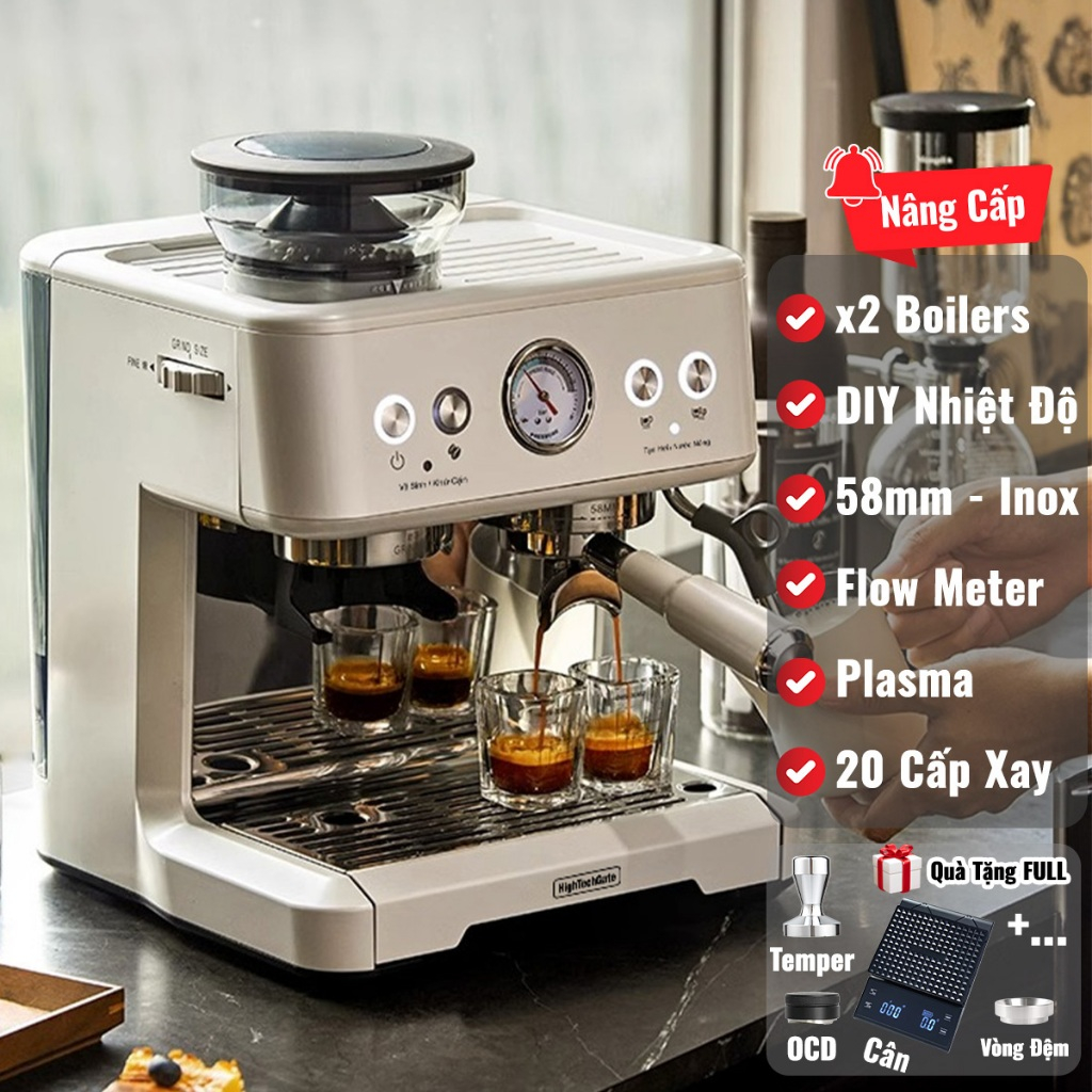 Máy Pha Cà Phê HTG CF07PLUS Pha Cafe Espresso Bán Tự Động 4 Trong 1, với 2 Boilers, Tích Hợp Xay Cafe 20 Cấp, 58mm Inox