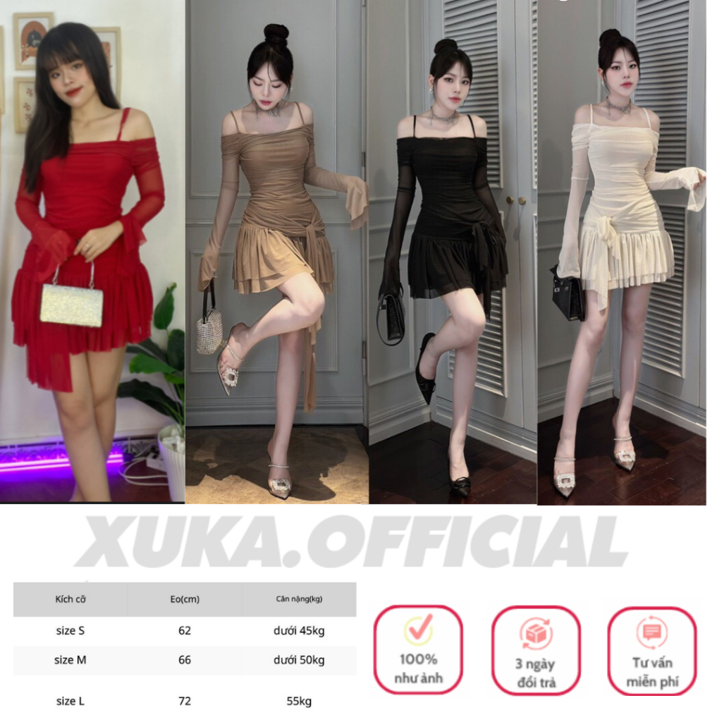 Đầm 2 dây đi tiệc buộc nơ eo vải lưới kèm video thật của sản phẩm XUKA STORE