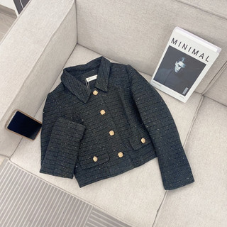 Áo dạ tweed cổ sen đen cúc đồng
