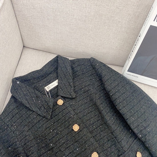 Áo dạ tweed cổ sen đen cúc đồng