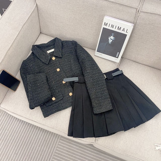 Áo dạ tweed cổ sen đen cúc đồng
