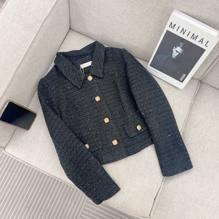 Áo dạ tweed cổ sen đen cúc đồng