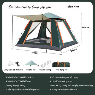 Lều Cắm Trại, lều dã ngoại tự bung 4-6 người chống nước chống tia tử ngoại KT 2m8x2m8 - Lều cắm trại du lịch