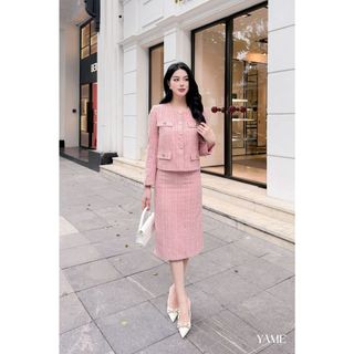Váy dạ Tweed cao cấp YAME YSD917 đính cúc đồng cắt may tinh tế đi tiệc, đi chơi hồng