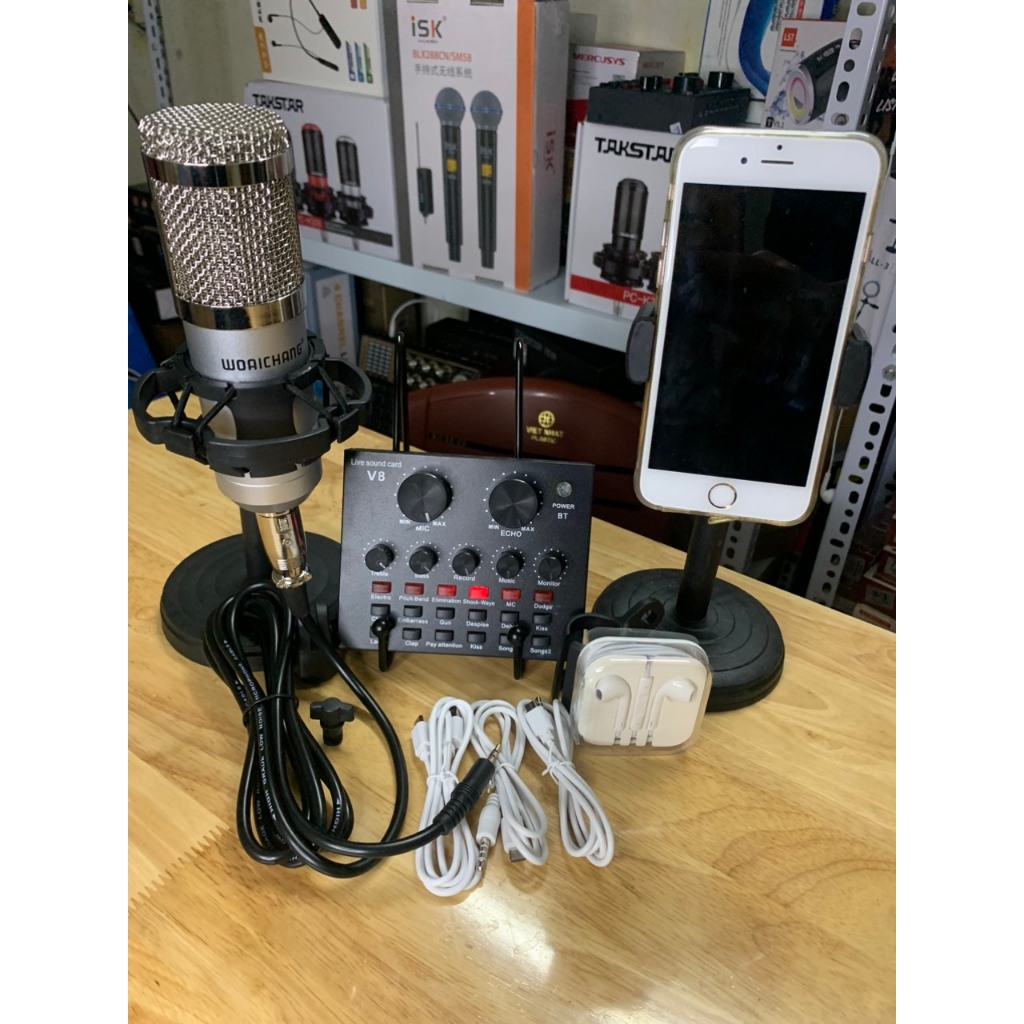Combo 5 món Bộ mic hát thu âm livestream soundcard V8 và mic Bm900 có dây kèm tai nghe giá đỡ mic và
