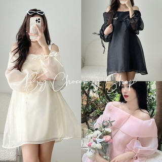 Đầm trễ vai tay bồng dáng ngắn, váy tiểu thư trễ vai vải tơ bóng 2 lớp đính đá sang trọng -ChocomyShop