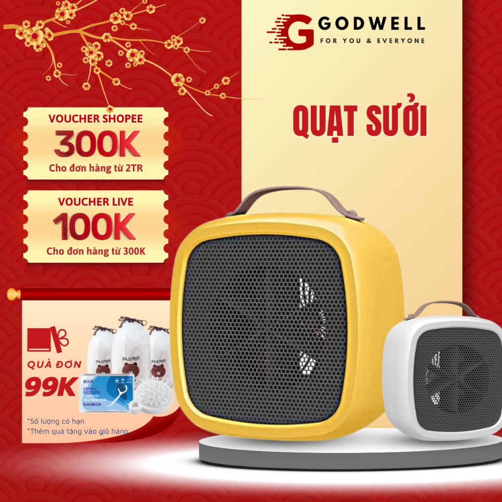 Quạt sưởi ấm mini để bàn hình vuông GODWELL , máy sưởi ấm mini để bàn mùa đông công suất 500W tiện lợi