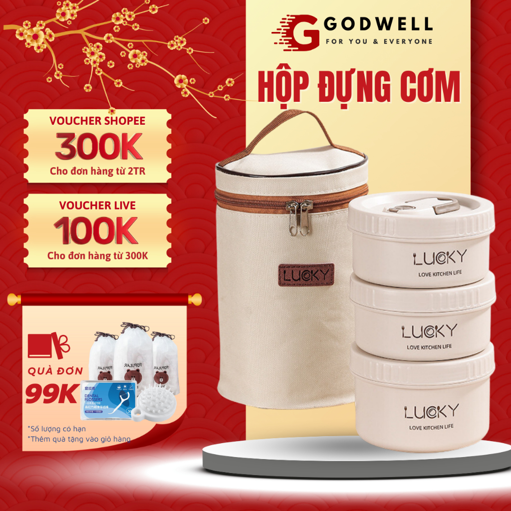 Hộp đựng cơm giữ nhiệt 3 tầng GODWELL, Hộp cơm trưa văn phòng cách nhiệt bằng thép không gỉ 304