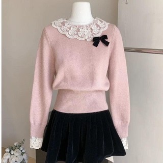 Áo len cổ tròn ren nơ đen