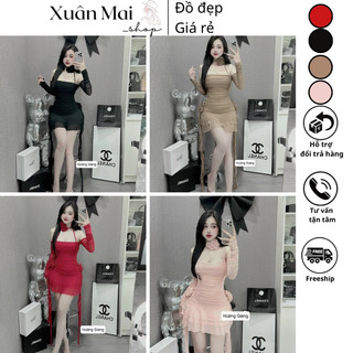 Đầm lưới cúp ngực trễ vai tay dài choker hoa cổ tua rua đính hoa y2k mặc đi tiệc Noel lễ Tết 4 màu đỏ đen nâu hồng