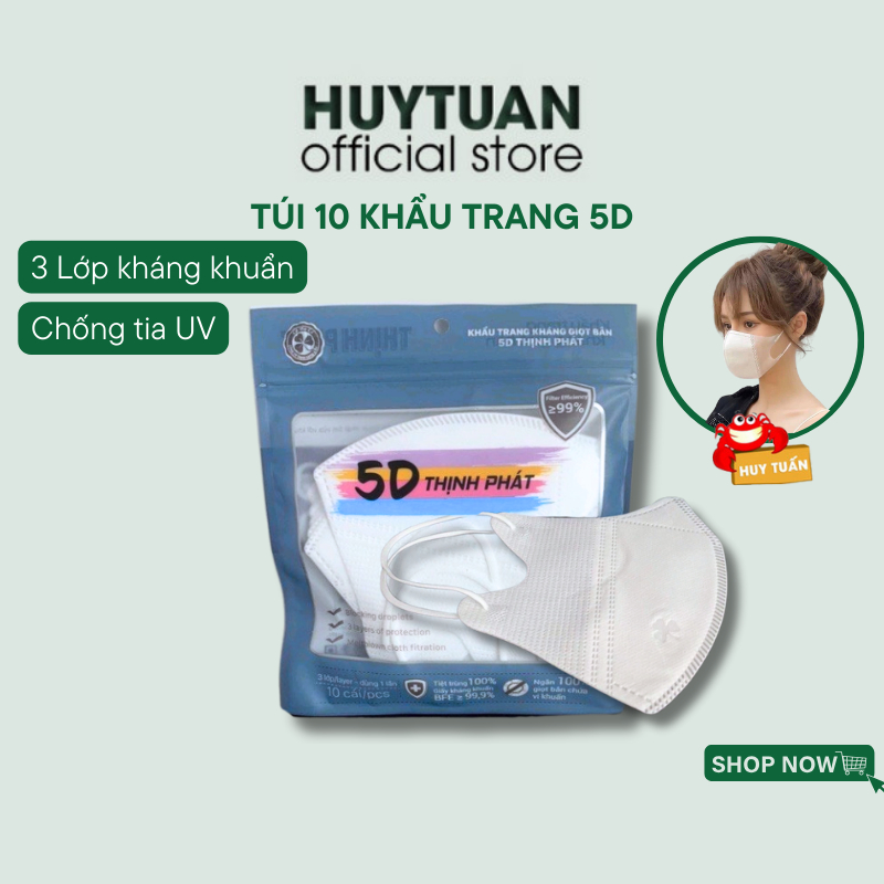 Túi 10 khẩu trang 5D, khẩu trang y tế kháng khuẩn nhiều màu - Khẩu trang 3 lớp chống nắng người lớn chống bụi mịn