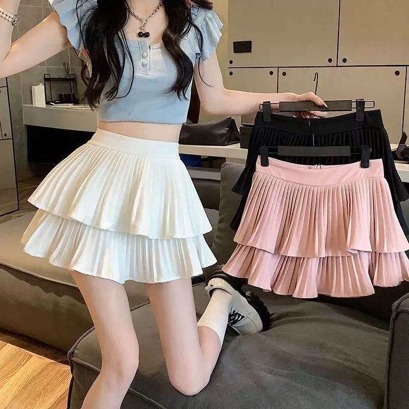 Chân váy xếp ly nữ 2 tầng dáng xòe DELIZ lưng cao phối đồ basic tiểu thư BUNNY