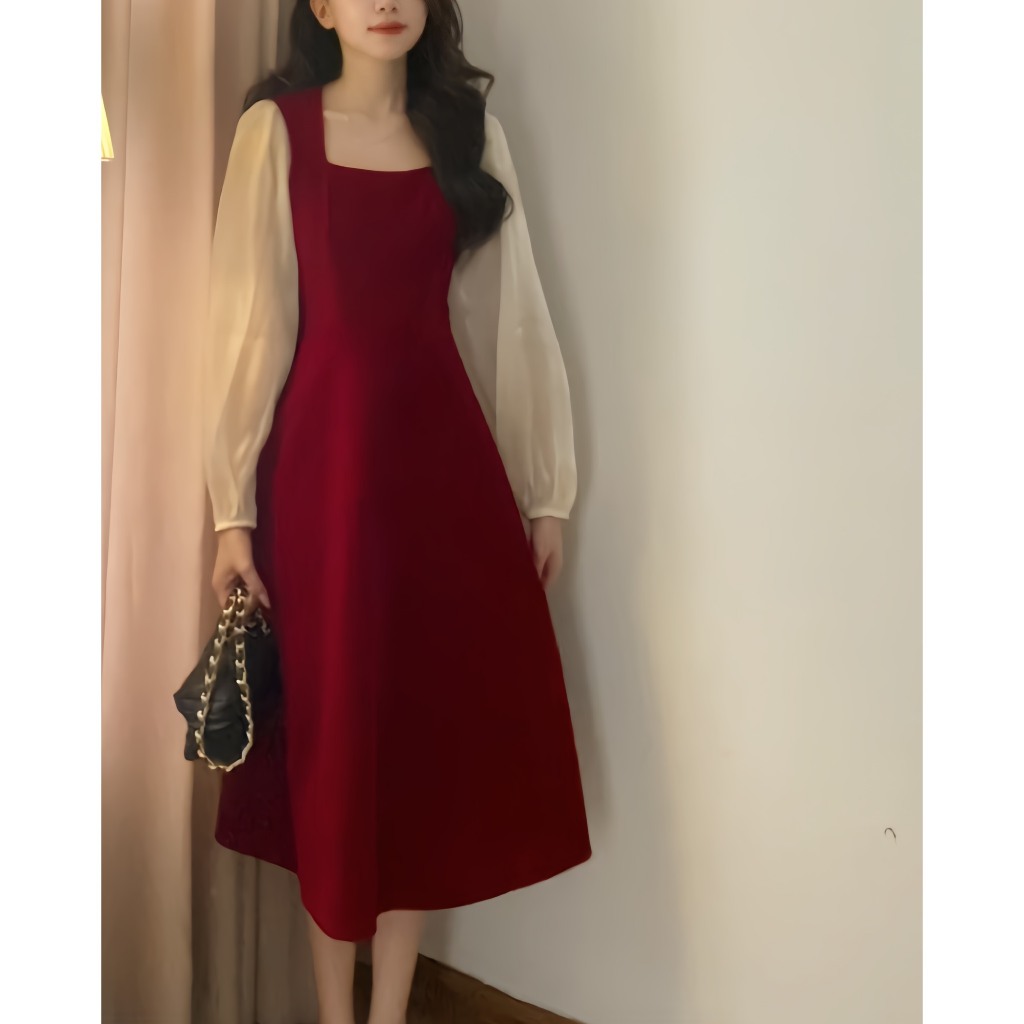 [Mã FATREND0503 giảm đến 30k đơn từ 99k] Váy nhung dáng dài tay tơ oganza tiểu thư Hàn Quốc xixeoshop -V89