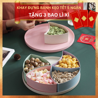 Khay đựng bánh kẹo tết, mứt tết 5 ngăn bằng nhựa lúa mạch có nắp đậy an toàn, chắc chắn