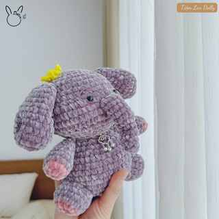 Bé voi tím, gấu bông con voi móc len nhung ống  - Tiệm Len Dolly (gấu bông voi, con voi gấu bông, voi nhồi bông,...