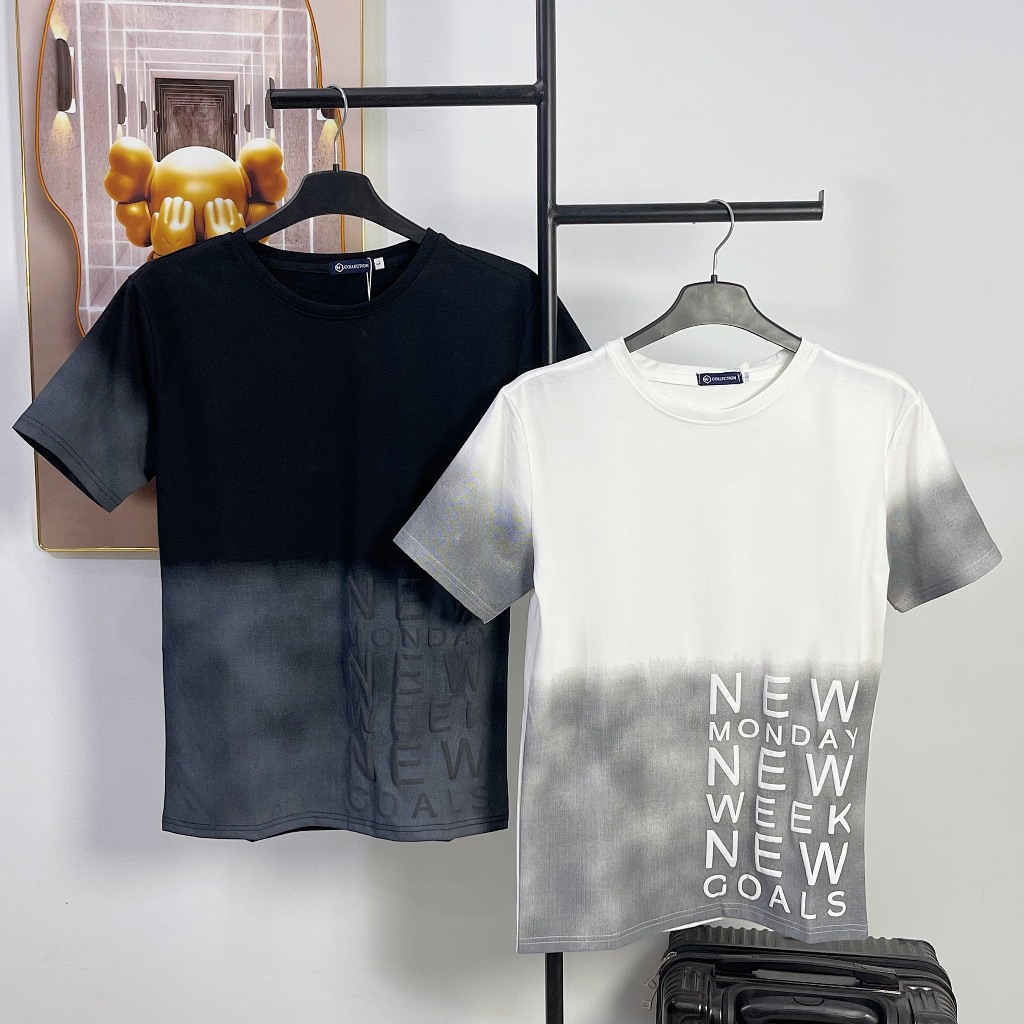 Áo thun nam cổ tròn, áo cổ tròn tay ngắn phối họa tiết nổi gợn sóng, chất cotton mềm mịn thoáng mát