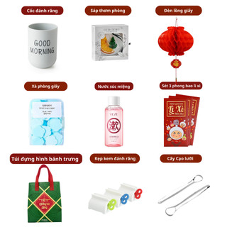  Set quà 11 món:lì xì,cốc đánh răng,sáp thơm, đèn lồng, túi đựng quà, xà phòng giấy, kẹp KĐR, NSM