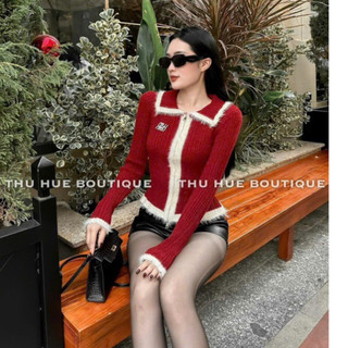 Áo len đũa nhũ khoá viền be phối lông tag miumiu siêu hit Qc L1