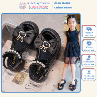 Giày Sandal Bé Gái Đính Ngọc Trai Nơ Thỏ Trẻ Em Có Quai Dán Tiện Dụng - GTE08