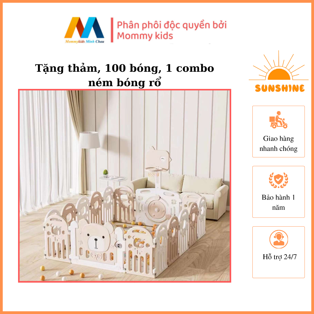 Quây cũi nhựa gấp gọn GẦU CAO CẤP TẶNG KÈM 100 bóng + 1 thảm dày dặn + COMBO CHƠI BÓNG RỔ