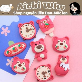 Charm gấu dâu với đồng hồ, dâu tây, kem trang trí kẹp tóc