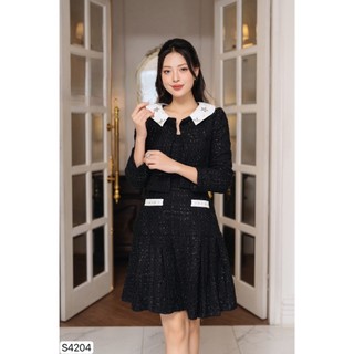 Set Dạ Tweed đen phối trắng cổ đính đá hoa S4204