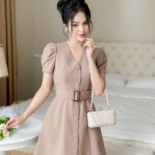 Đầm Charmilles cổ V phối cúc Nâu 23MD228NA