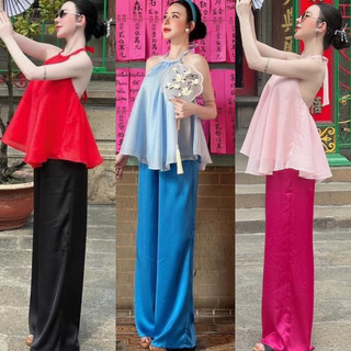 Set bộ áo yếm tơ hở nguyên lưng babidoll + quần satin lụa ống xuông
