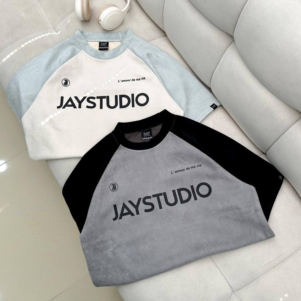 Áo thun tay lỡ vải da lộn DIO màu KEM/XÁM - áo phông phối màu form rộng unisex nam nữ/ Jaystoree2