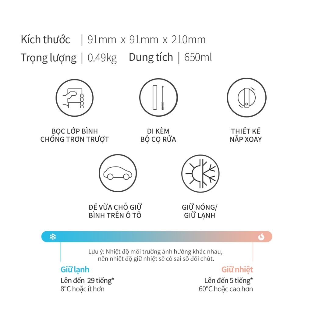 Ly giữ nhiệt LocknLock Metro Drive 650ml LHC4277S Màu Trắng - Hàng Chính Hãng, Thép không gỉ, kèm ống hút và cọ - K-MALL