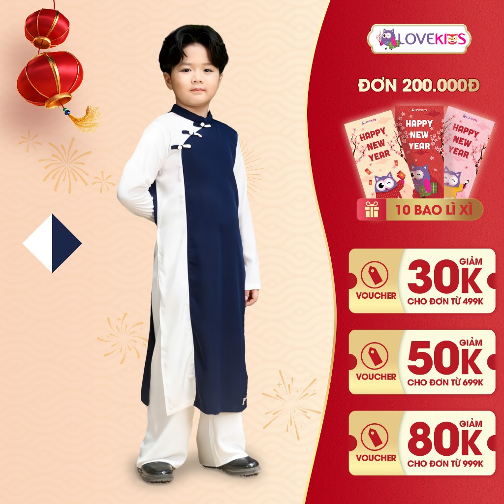 Áo Dài Bé Trai Lovekids, Vải Lụa Latin Cao Cấp, Mềm Mịn,size từ 3 đến 15 tuổi Daisy LK05
