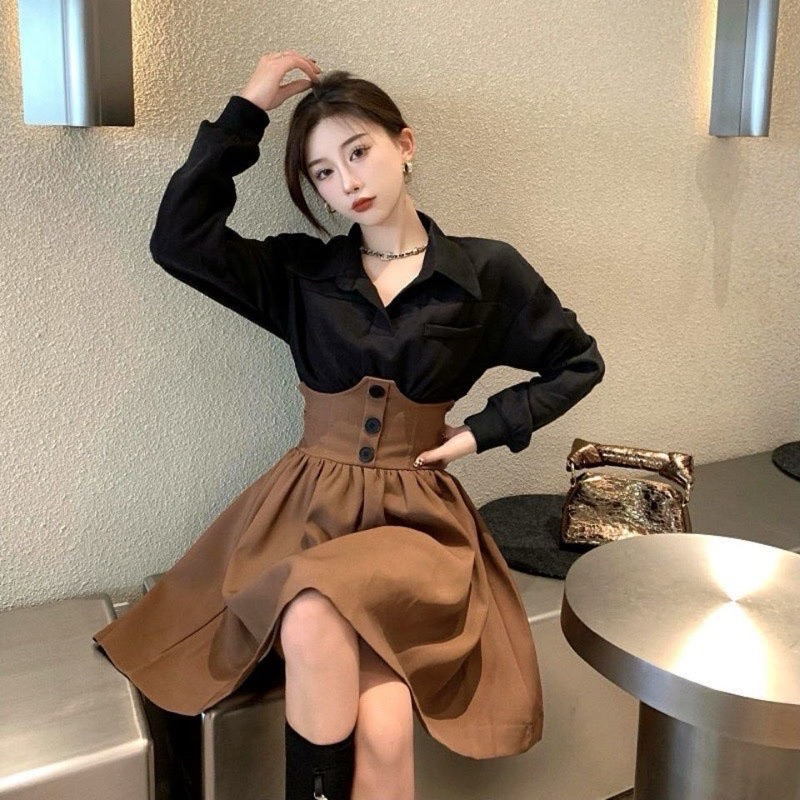 BIGSIZE SET ĐẦM THIẾT KẾ ÁO SƠ MI ĐEN + CHÂN VÁY NÂU
