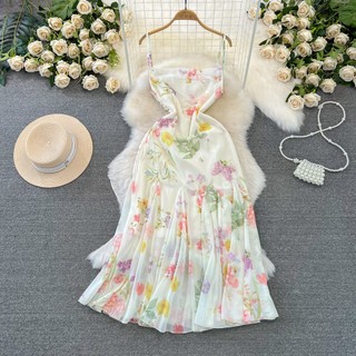 #4507 [Order] Đầm Quảng Châu váy maxi hai dây voan đi biển đi du lịch họa tiết hoa có lót trong siêu xinh