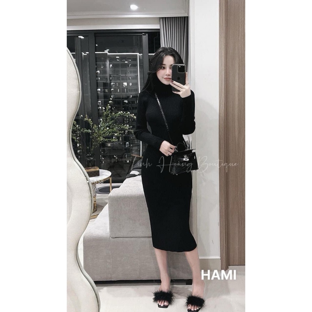 VA758 Váy Boby len tăm cổ cao