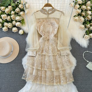 #4512 [Order] Đầm Quảng Châu dài tay cổ đứng phối lưới siêu xinh đủ size